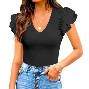 Ribbed V-Neck Ruffle Sleeve Bodysuit
